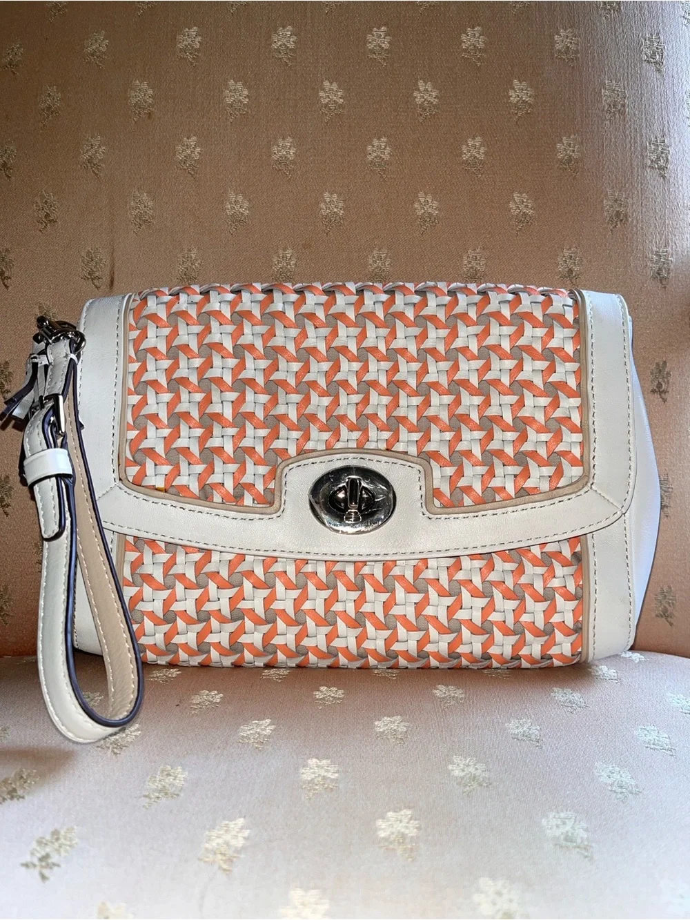 New Coach Coral and White Caning Leather Wristlet / Clutch